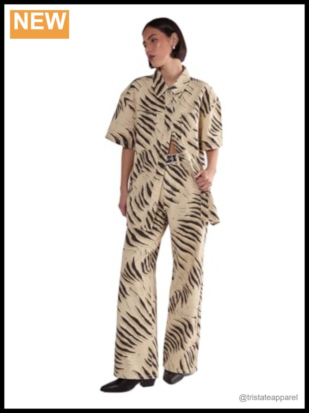 Tiger Print Oversized Denim Button Down Shirt 100% Cotton